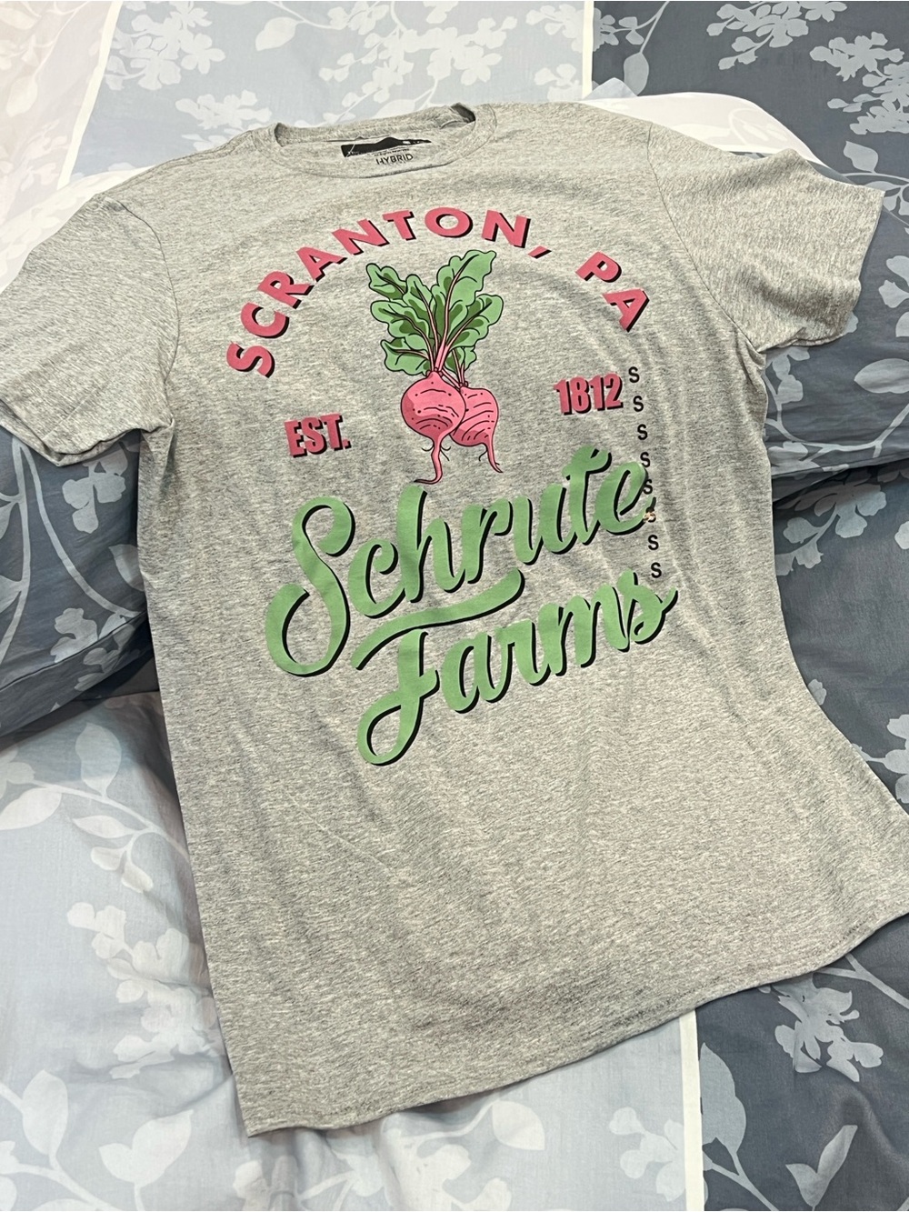 BNNT Hybrid Apparel Gray Tee with Pink & Green Schrute Farms Graphic